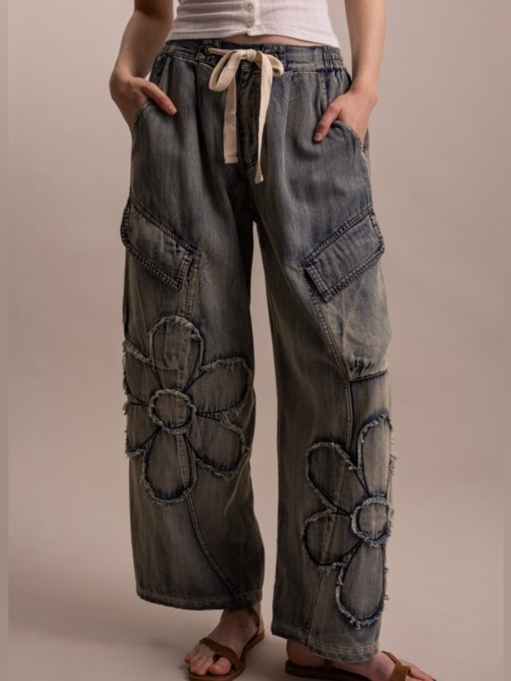 Bluevelvet washed denim embroidered patchwork ruffle bohemian floral pants jeans